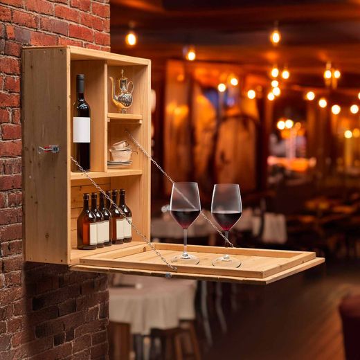 Mueble Bar de Pared Gardiun Cheers 52x22x77,5 cm - Armario de Madera con Baldas, Puerta Frontal y Función Convertible en Mesa para Espacios Pequeños