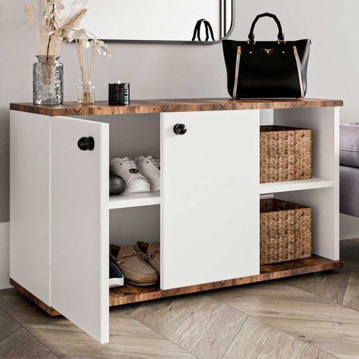 Mueble recibidor, 90 x 32 x 53 cm, de madera mdf en blanco y natural | Colección Kavala