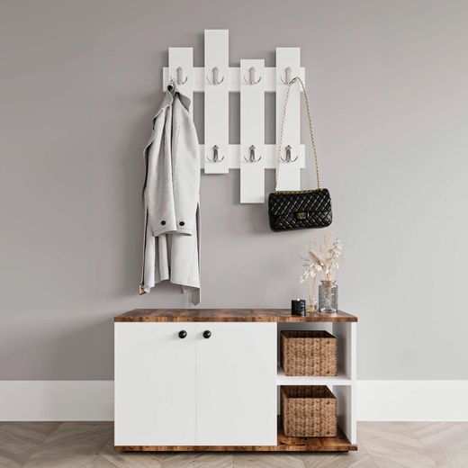 Móvel de entrada, 90 x 32 x 53 cm, em MDF branco e natural | Coleção Kavala