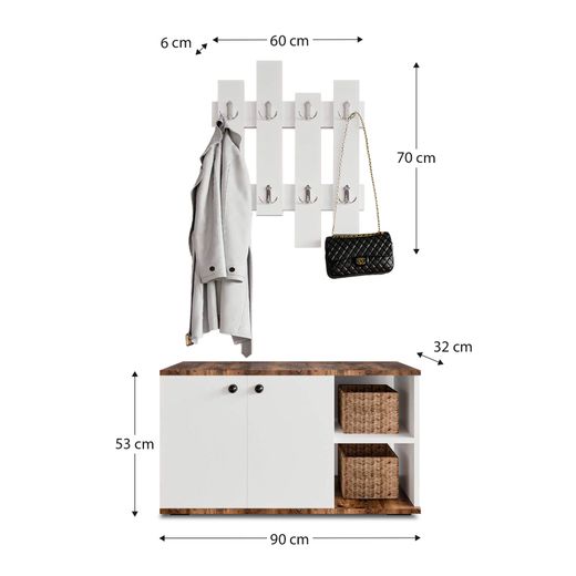 Móvel de entrada, 90 x 32 x 53 cm, em MDF branco e natural | Coleção Kavala