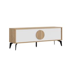 Mueble TV, 140 x 35 x 51 cm, de madera y metal en blanco y color roble | Colección Vae
