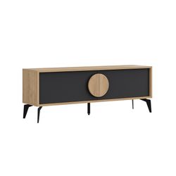 Mueble TV, 140 x 35 x 51 cm, de madera y metal en negro y color roble | Colección Vae