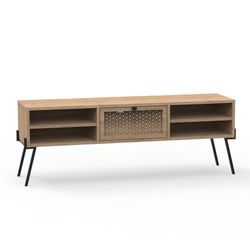 Mueble TV, 140 x 35,6 x 50,7 cm, de madera y metal en color roble y negro | Colección Evan