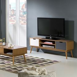 Mobile TV, 140 x 40 x 52,5 cm, in legno di pino naturale, grigio e bianco | Collezione Cusco