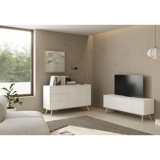 Mobile TV, 140 x 40 x 53 cm, in legno di pino bianco e naturale | Collezione Campus