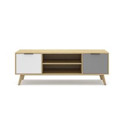 Mobile TV, 140 x 40 x 53 cm, in legno di pino con finitura rovere, grigio chiaro e bianco | Collezione Elfa