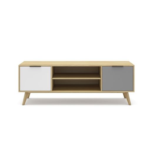 Mobile TV, 140 x 40 x 53 cm, in legno di pino con finitura rovere, grigio chiaro e bianco | Collezione Elfa