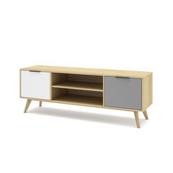 Mobile TV, 140 x 40 x 53 cm, in legno di pino con finitura rovere, grigio chiaro e bianco | Collezione Elfa