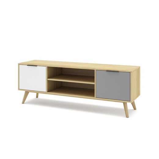 Mobile TV, 140 x 40 x 53 cm, in legno di pino con finitura rovere, grigio chiaro e bianco | Collezione Elfa