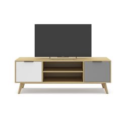 Mobile TV, 140 x 40 x 53 cm, in legno di pino con finitura rovere, grigio chiaro e bianco | Collezione Elfa