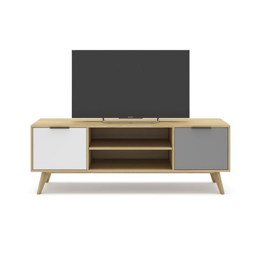 Mobile TV, 140 x 40 x 53 cm, in legno di pino con finitura rovere, grigio chiaro e bianco | Collezione Elfa