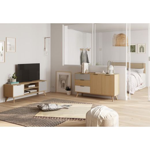 Mobile TV, 140 x 40 x 53 cm, in legno di pino con finitura rovere, grigio chiaro e bianco | Collezione Elfa