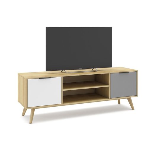 Mobile TV, 140 x 40 x 53 cm, in legno di pino con finitura rovere, grigio chiaro e bianco | Collezione Elfa