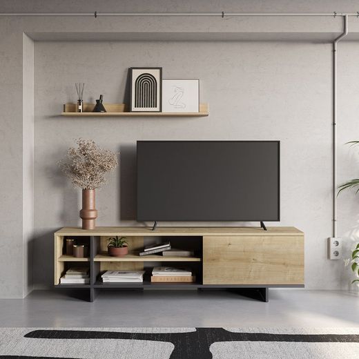 Mobile TV, 160 x 35,6 x 44 cm, in legno con finitura rovere e nero | Collezione Cequoia