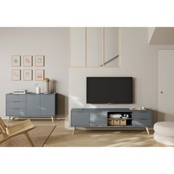 Mueble TV, 180 x 40 x 53 cm, de madera de pino en verde y natural  | Colección Pisco