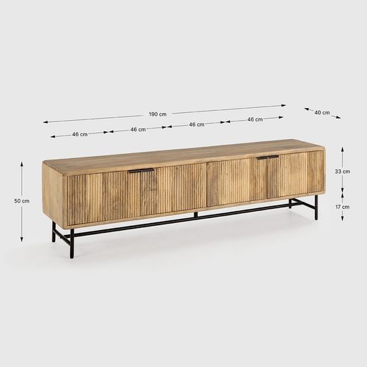 Mueble TV, 190 x 40 x 50 cm, de madera de mango en natural y negro | Colección Mundra