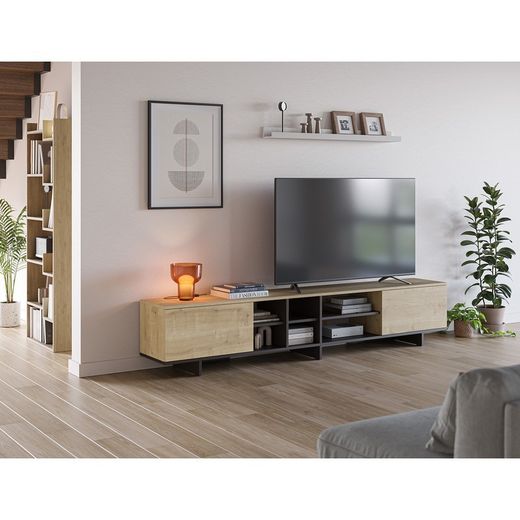 Mobile TV, 230 x 35,6 x 44 cm, in legno con finitura rovere e nero | Collezione Cequoia