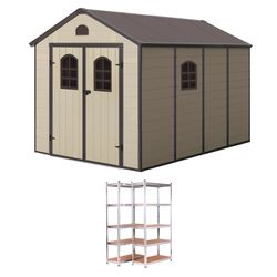 Pack caseta resina 8,82 m² + 2 estanterías metálicas para jardín