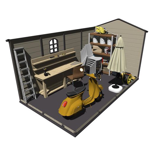 Pack caseta resina 8,82 m² + 2 estanterías metálicas para jardín