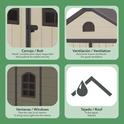 Pack caseta resina 8,82 m² + 2 estanterías metálicas para jardín