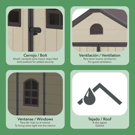 Pack caseta resina 8,82 m² + 2 estanterías metálicas para jardín
