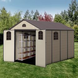 Pack caseta resina 8,82 m² + 2 estanterías metálicas para jardín