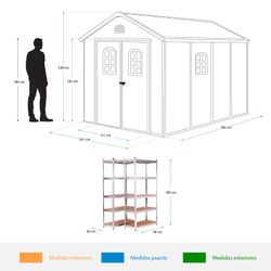 Pack caseta resina 8,82 m² + 2 estanterías metálicas para jardín