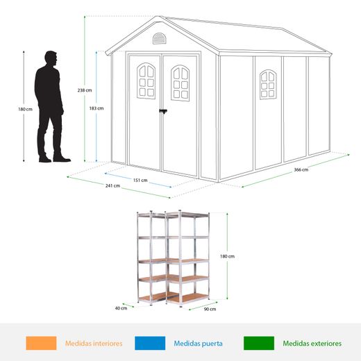 Pack caseta resina 8,82 m² + 2 estanterías metálicas para jardín