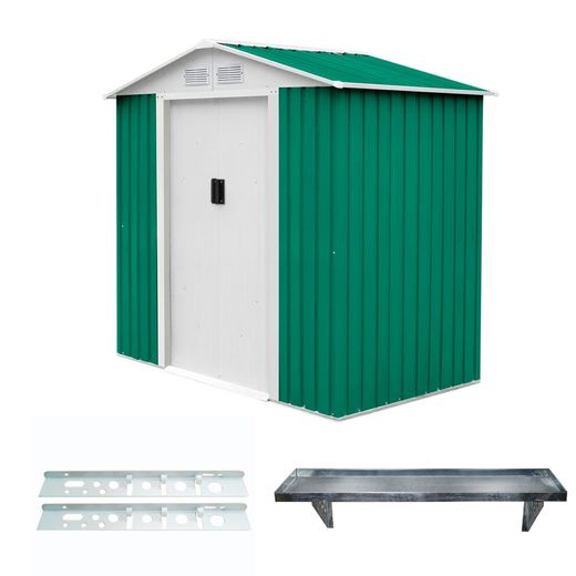 Pack Caseta Metálica Gardiun Yorkshire 2,43m (121x201x190 cm) con 2 Portaherramientas de Acero 5x40 cm y 1 Balda de Pared 20x80 cm – Almacenamiento Exterior Resistente y Organizado