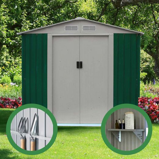 Pack Caseta Metálica Gardiun Yorkshire 2,43m (121x201x190 cm) con 2 Portaherramientas de Acero 5x40 cm y 1 Balda de Pared 20x80 cm – Almacenamiento Exterior Resistente y Organizado
