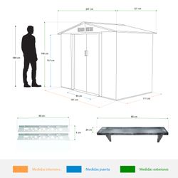 Pack Caseta Metálica Gardiun Yorkshire 2,43m (121x201x190 cm) con 2 Portaherramientas de Acero 5x40 cm y 1 Balda de Pared 20x80 cm – Almacenamiento Exterior Resistente y Organizado