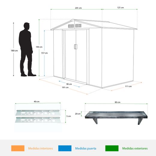 Pack Caseta Metálica Gardiun Yorkshire 2,43m (121x201x190 cm) con 2 Portaherramientas de Acero 5x40 cm y 1 Balda de Pared 20x80 cm – Almacenamiento Exterior Resistente y Organizado