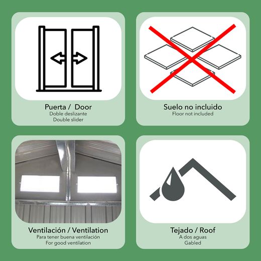 Pack Caseta Metálica Gardiun Yorkshire 2,43m (121x201x190 cm) con 2 Portaherramientas de Acero 5x40 cm y 1 Balda de Pared 20x80 cm – Almacenamiento Exterior Resistente y Organizado