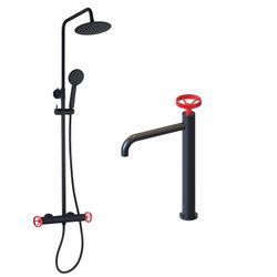 Pack Columna Ducha y Grifo Monomando Negro Mate con Reguladores Rojos