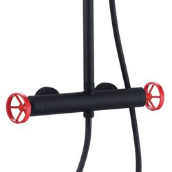 Pack Columna Ducha y Grifo Monomando Negro Mate con Reguladores Rojos