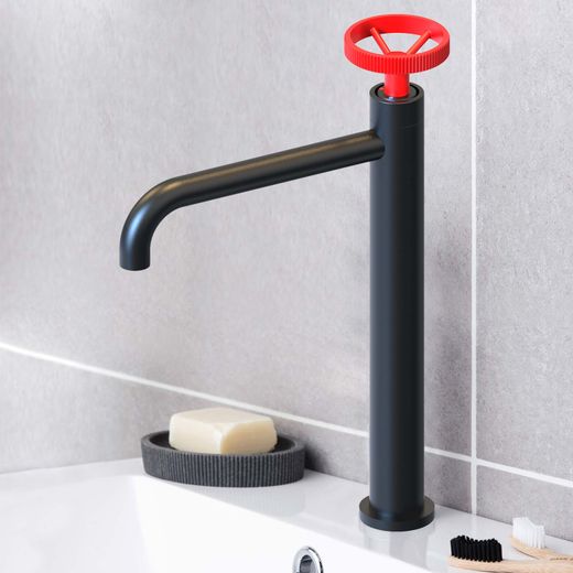 Pack Columna Ducha y Grifo Monomando Negro Mate con Reguladores Rojos