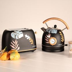 Pack Tostapane e Bollitore Retro Floreale Nero Opaco, 815W e 2200W