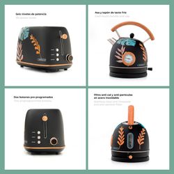 Pack Tostapane e Bollitore Retro Floreale Nero Opaco, 815W e 2200W
