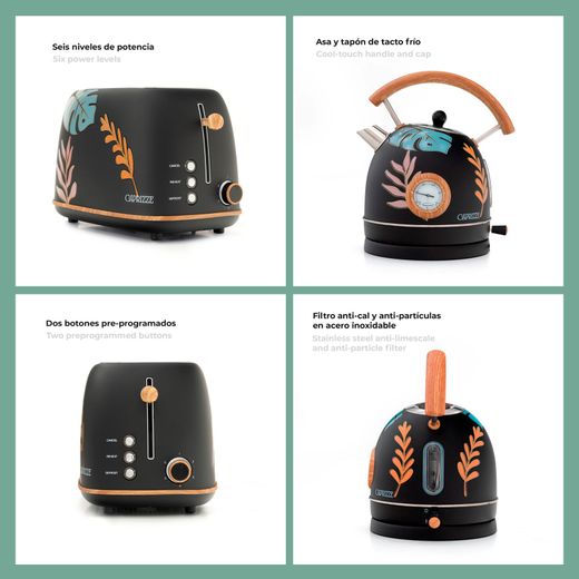 Pack Tostapane e Bollitore Retro Floreale Nero Opaco, 815W e 2200W