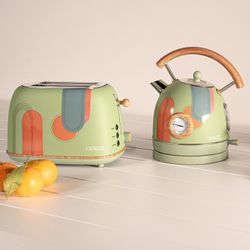 Pack tostapane e bollitore retrò verde opaco floreale, doppia fessura larga e 1,8L