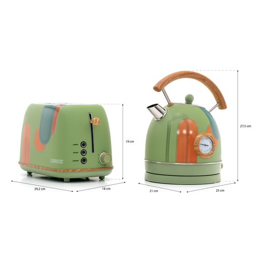 Pack tostapane e bollitore retrò verde opaco floreale, doppia fessura larga e 1,8L