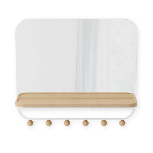 Portabastoni con specchio, 46 x 10 x 41 cm, in legno di faggio naturale e bianco | Collezione Estique