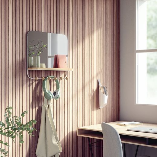 Portabastoni con specchio, 46 x 10 x 41 cm, in legno di faggio naturale e bianco | Collezione Estique
