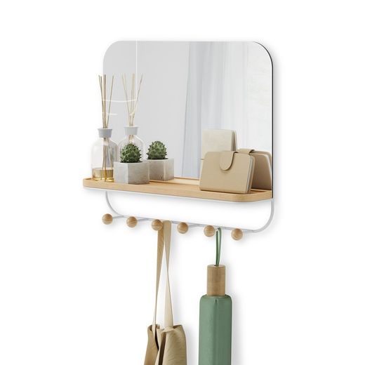 Portabastoni con specchio, 46 x 10 x 41 cm, in legno di faggio naturale e bianco | Collezione Estique