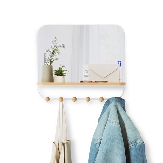 Portabastoni con specchio, 46 x 10 x 41 cm, in legno di faggio naturale e bianco | Collezione Estique