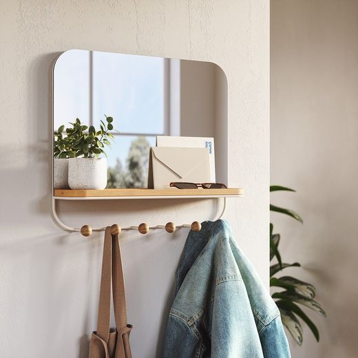 Portabastoni con specchio, 46 x 10 x 41 cm, in legno di faggio naturale e bianco | Collezione Estique