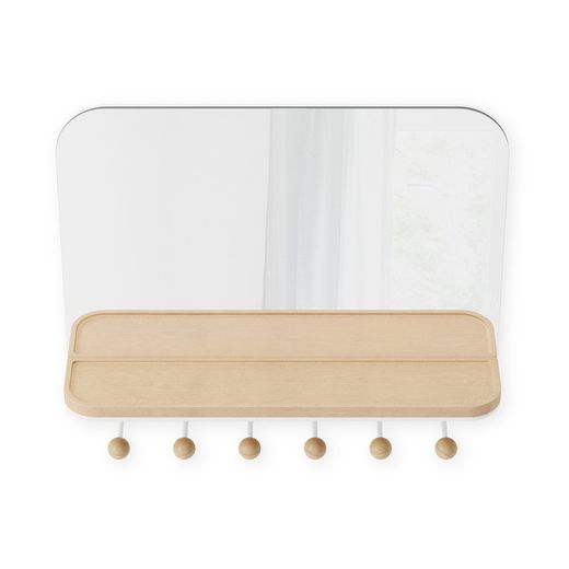 Portabastoni con specchio, 46 x 10 x 41 cm, in legno di faggio naturale e bianco | Collezione Estique