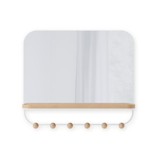 Portabastoni con specchio, 46 x 10 x 41 cm, in legno di faggio naturale e bianco | Collezione Estique