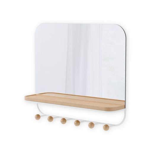 Portabastoni con specchio, 46 x 10 x 41 cm, in legno di faggio naturale e bianco | Collezione Estique