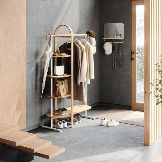 Portabastoni da terra, 106 x 39 x 167 cm, in legno di eucalipto naturale e bianco | Collezione Bellwood